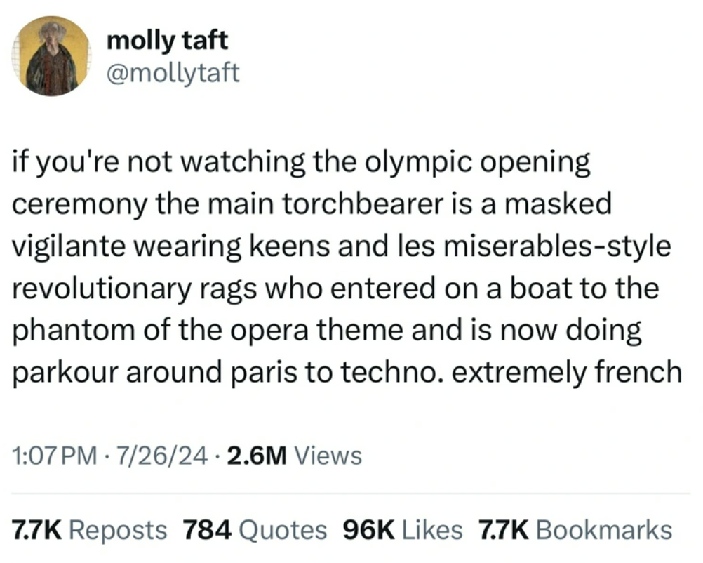 screenshot - molly taft if you're not watching the olympic opening ceremony the main torchbearer is a masked vigilante wearing keens and les miserablesstyle revolutionary rags who entered on a boat to the phantom of the opera theme and is now doing parkou